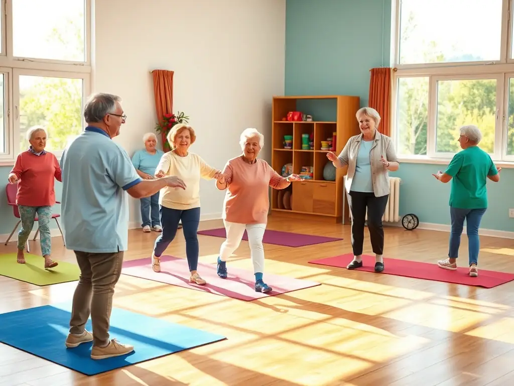 A group of seniors participating in a recreational activity, such as a gentle exercise class, at Granada Assisted Living.