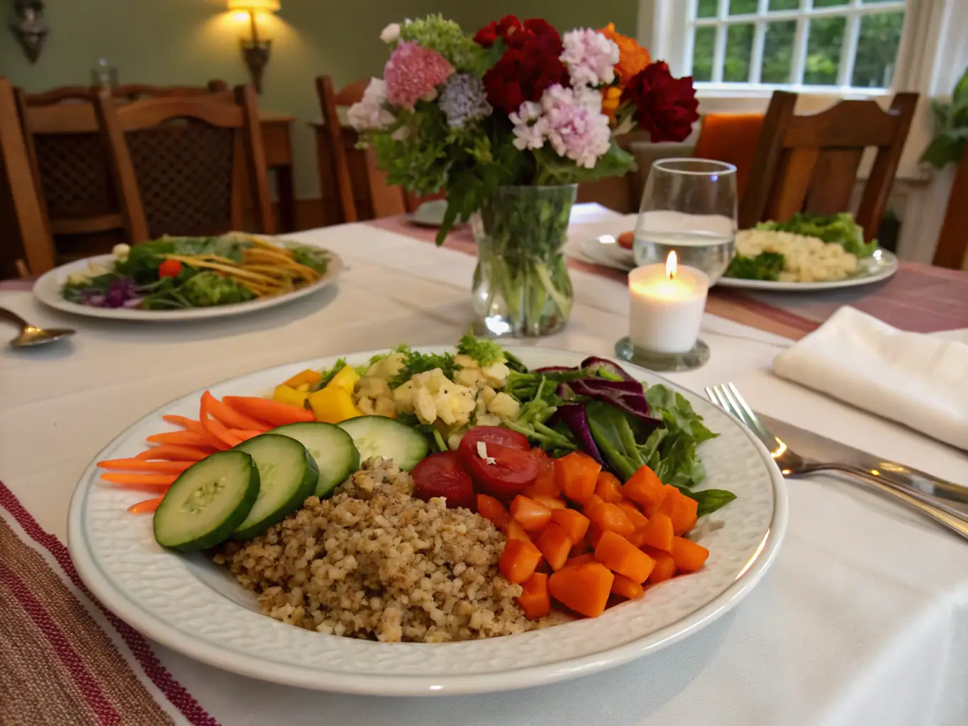 A beautifully set dining table with a variety of healthy meal options, highlighting the nutritious meal plans available at Granada Assisted Living.