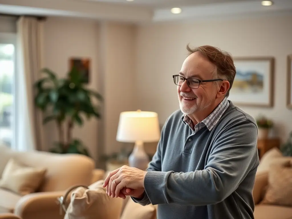 A caring staff member assisting a resident in a cozy living room setting, showcasing the personalized care provided at Granada Assisted Living.
