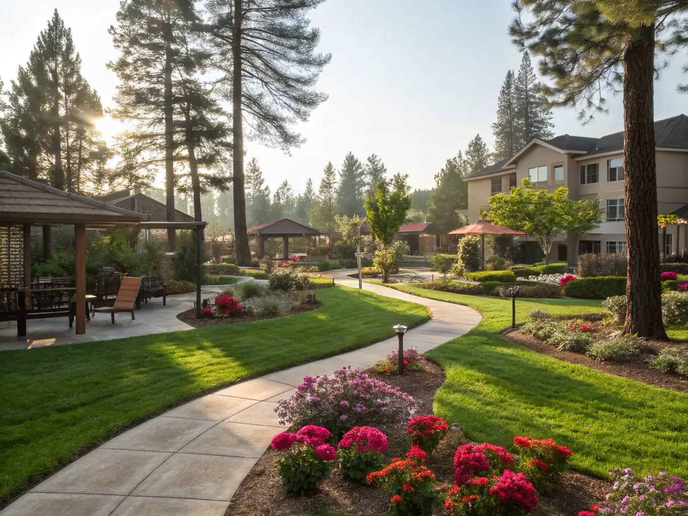 A beautifully landscaped garden with walking paths, benches, and colorful flowers, providing a serene outdoor space for residents to relax and enjoy nature at Granada Assisted Living.