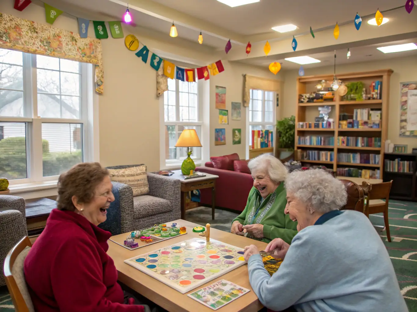 A bright and airy common room with comfortable seating, large windows, and residents engaging in a group activity, such as a board game or gentle exercise, at Granada Assisted Living.