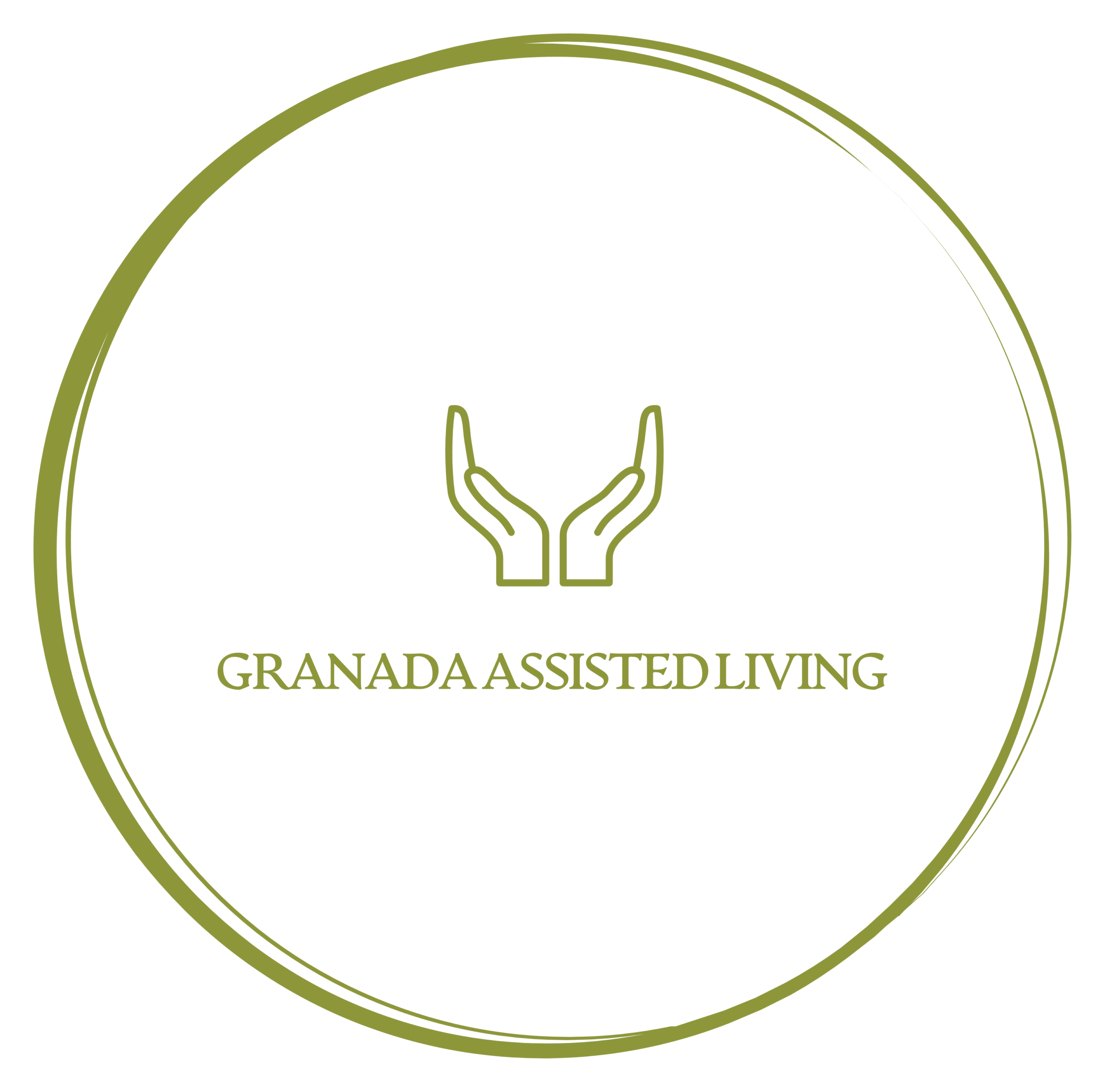 Granada Assisted Living logo featuring open hands symbolizing compassionate care, enclosed within an elegant golden circle.