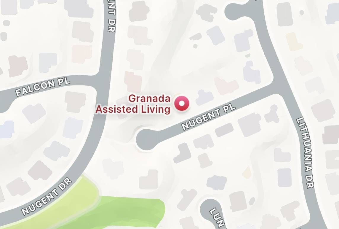 Map indicating the location of Granada Assisted Living in Granada Hills, California, situated within a quiet, residential neighborhood.