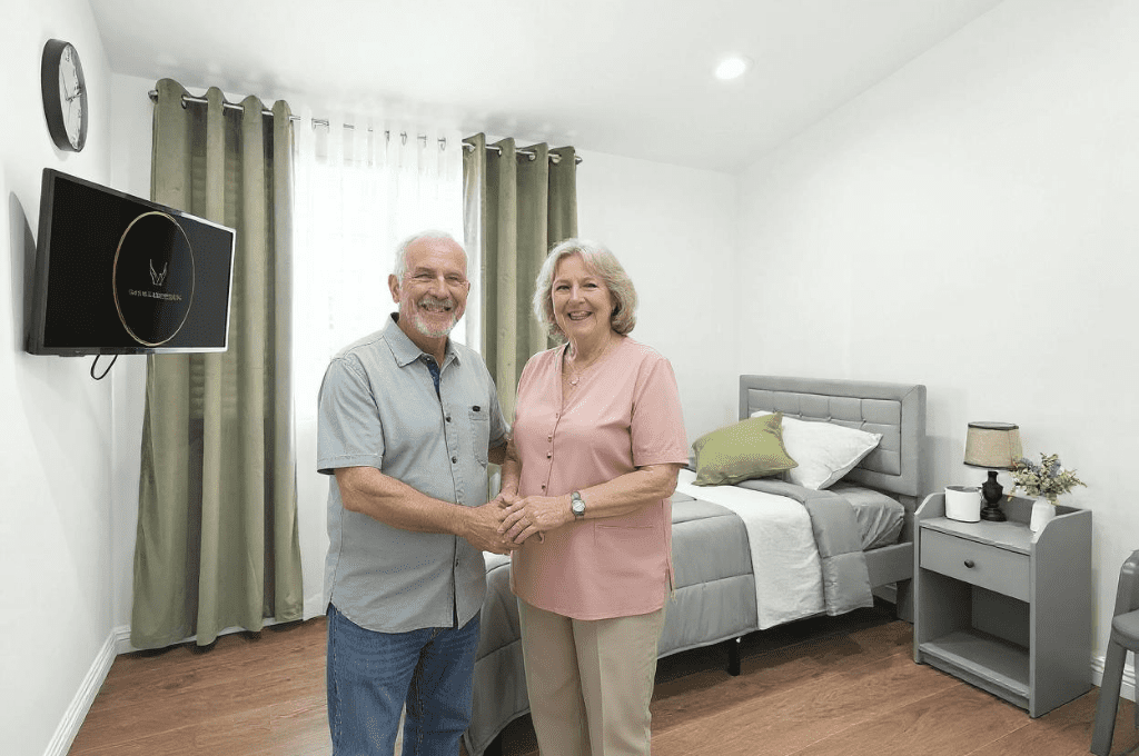 Smiling resident and caregiver standing together in a comfortable private bedroom at Granada Assisted Living.