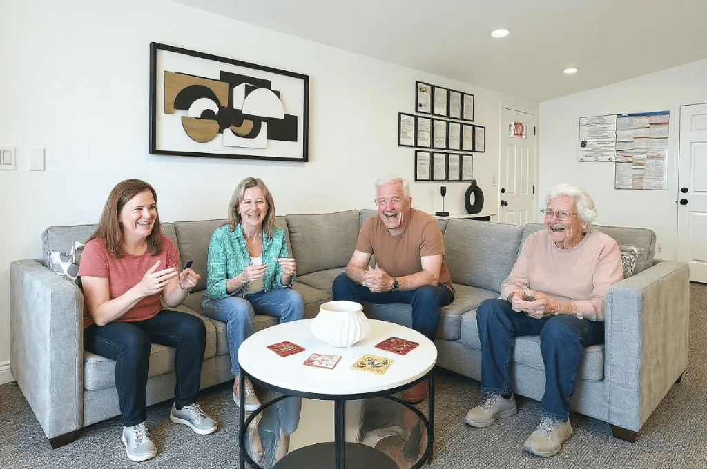 Residents at Granada Assisted Living socializing and enjoying coffee together in the cozy, warmly-lit common area.
