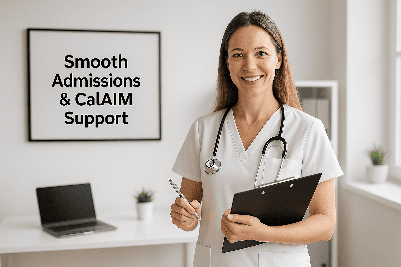 Administrator holding a clipboard and providing CalAIM support and admissions coordination at Granada Assisted Living.